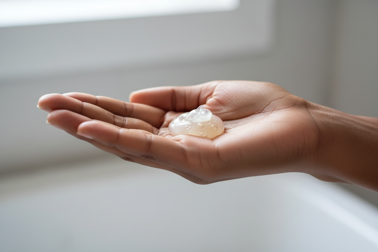 a drop of shower gel on an african brown hand of a woman